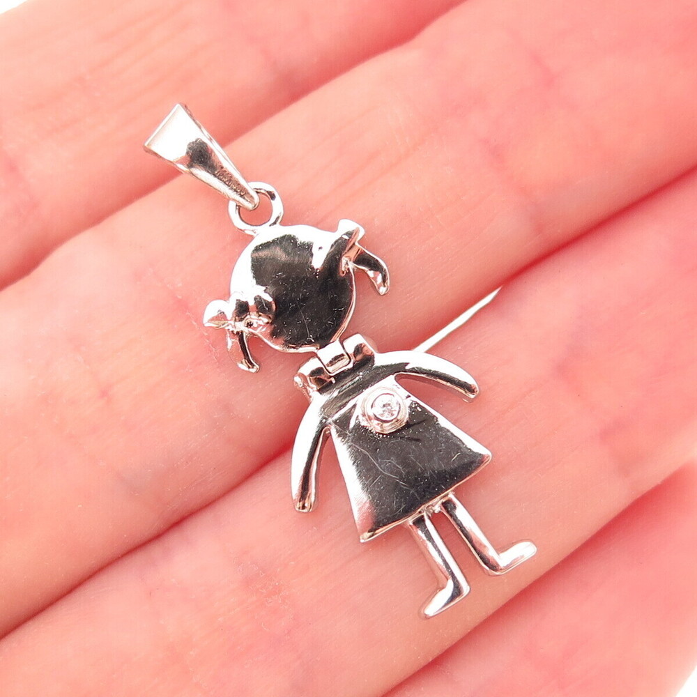 925 Sterling Silver Round-Cut C Z Girl Articulated Charm Pendant